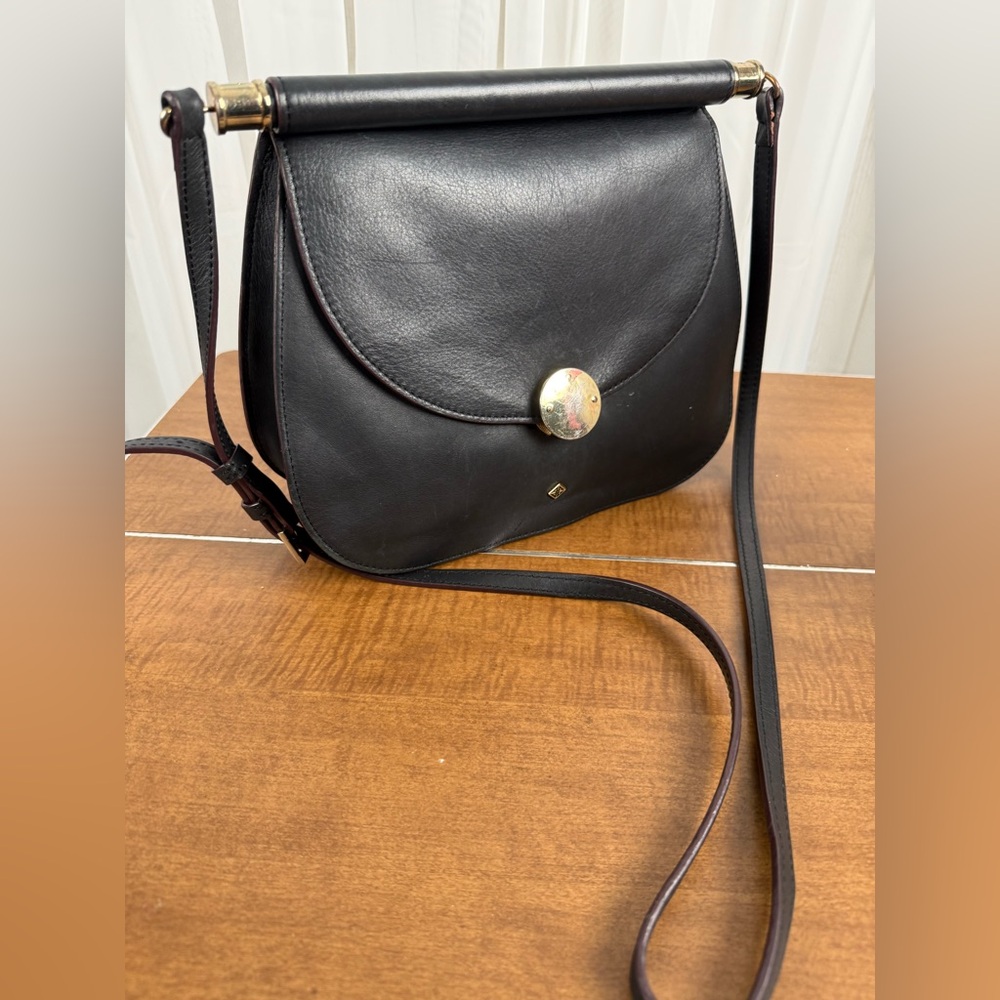 Antonio Melani Black Leather Crossbody Flap Bag Gold Hardware